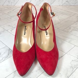 Palizzio Red Suede Pointed-Toe Ankle Strap Heels